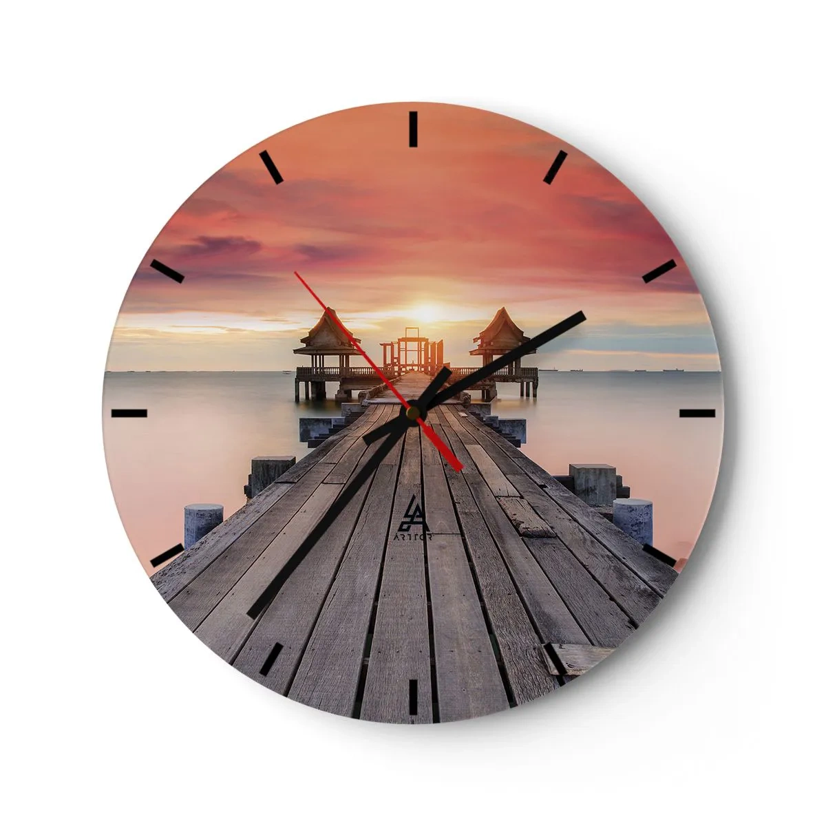 Vægur, Uret - Træmole, der fører til pavilloner ved havet ved solnedgang - 30x30cm - Fra vest til øst - Moderne vægdekoration til stue, køkken og soveværelse ARTTOR