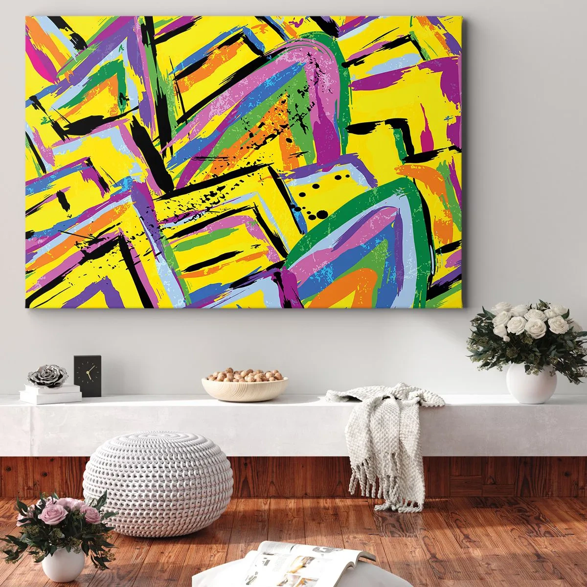Lærredstryk - Billede på lærred - Livlig abstraktion i klare farver og dynamiske former - 70x50cm - Han råber af glæde - Moderne vægdekoration til stue og soveværelse ARTTOR