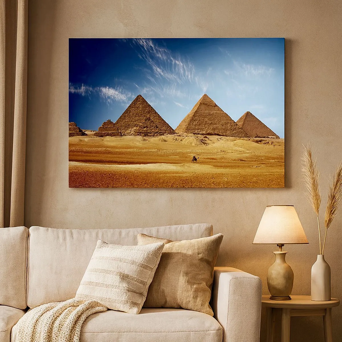 Lærredstryk - Billede på lærred - Pyramiderne i Giza mod en blå himmel og ørkenlandskab - 70x50cm - 40 århundreder ser på jer - Moderne vægdekoration til stue og soveværelse ARTTOR