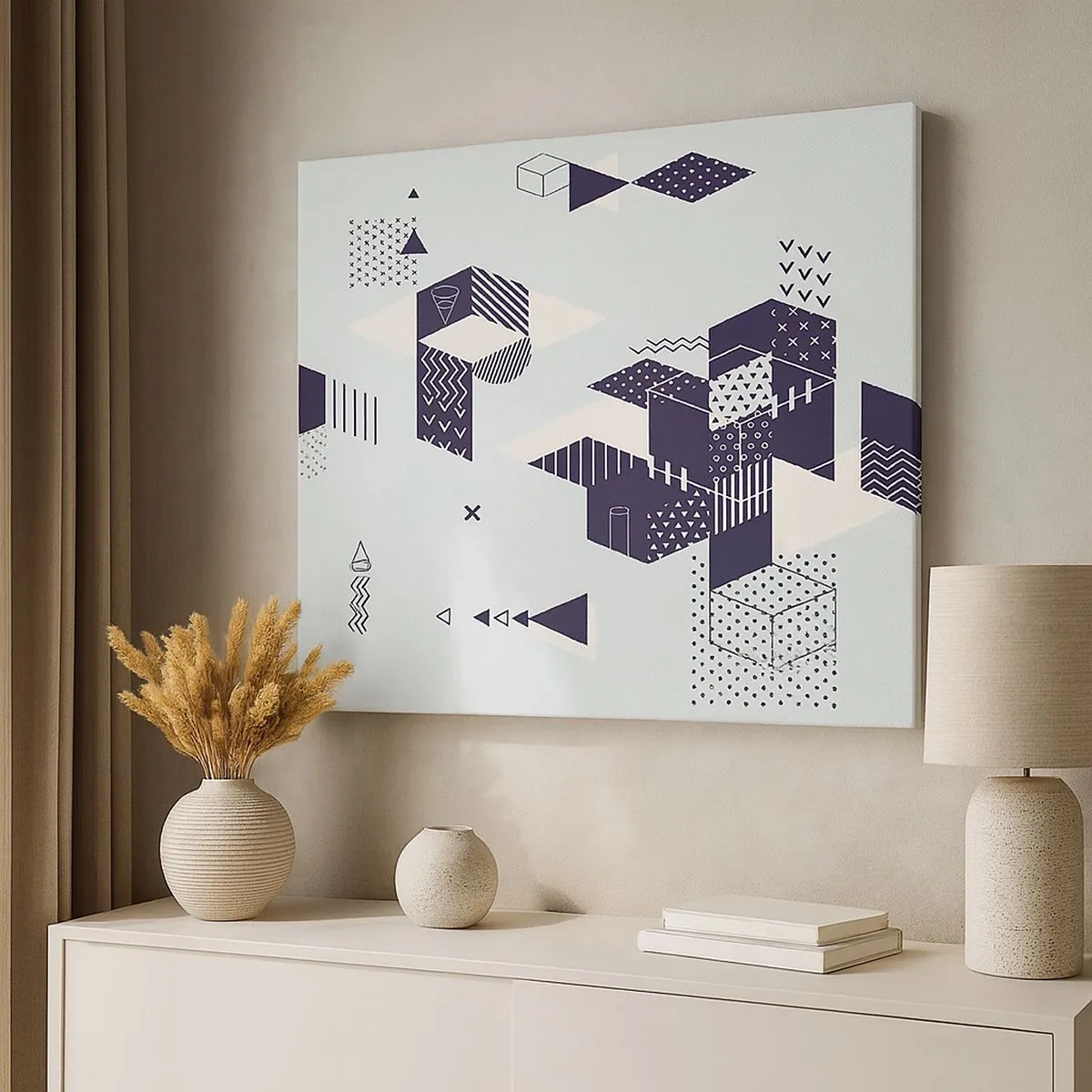 Lærredstryk - Billede på lærred - Moderne geometrisk grafik i nuancer af hvid og marineblå - 70x50cm - I matematikkens sjæl - Moderne vægdekoration til stue og soveværelse ARTTOR