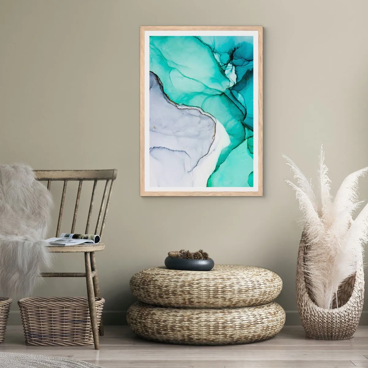 Plakat i ramme af lyst egetræ - Undersøgelse i turkis - 61x91 cm