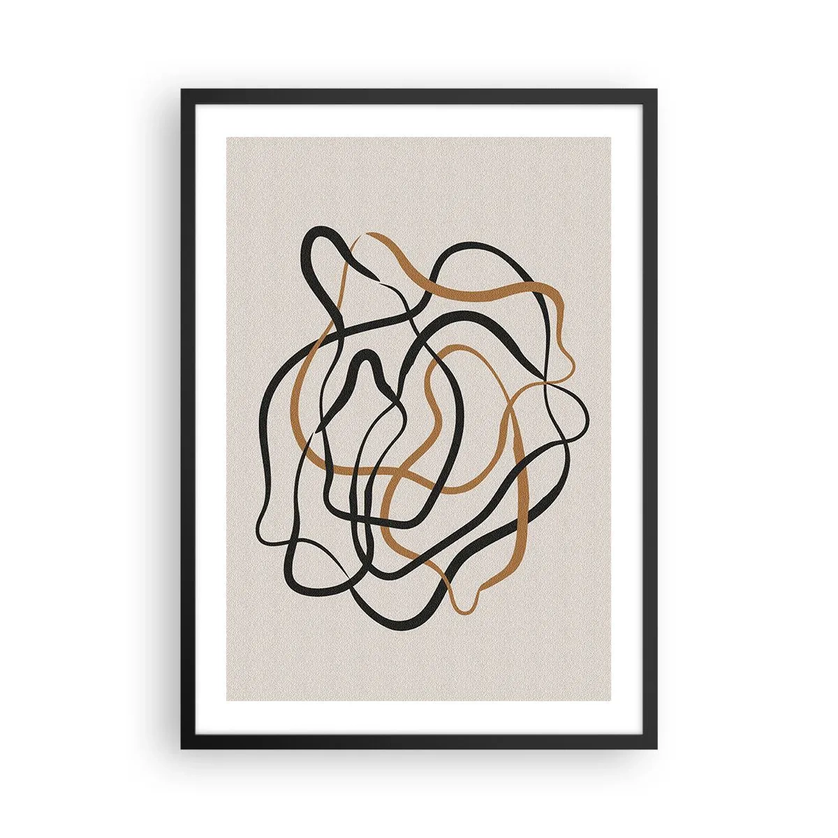 Plakat i sort ramme - Abstrakte sammenfiltrede linjer i sort og guld på beige - 50x70cm - Alt er gået galt - Moderne vægdekoration til stue og soveværelse ARTTOR