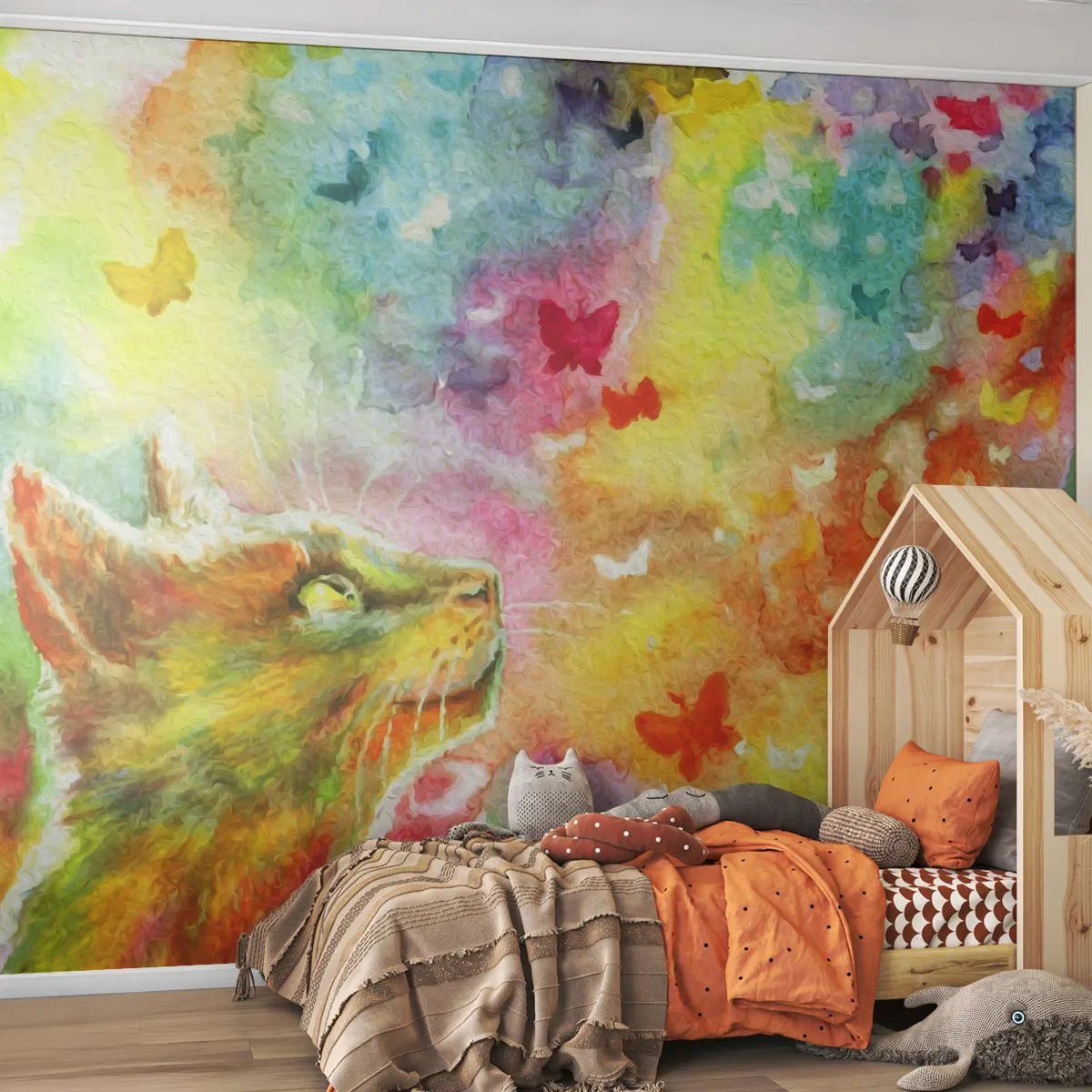 Fototapet Premium Sand - Kattens høje himmel - Dyr, Kat, Sommerfugl - 100x70 cm