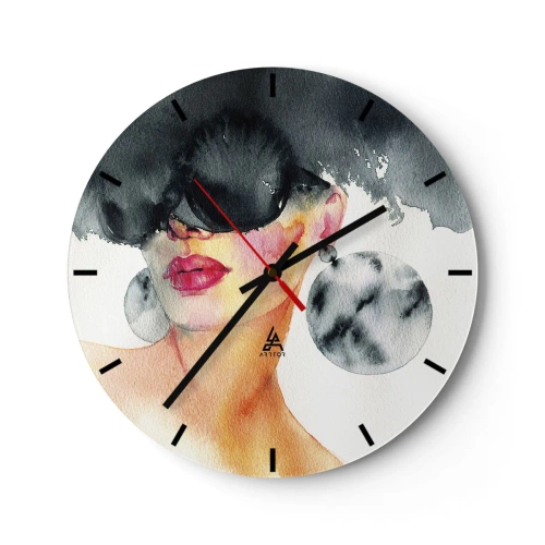 Vægur, Uret - Portræt af en kvinde med briller og store øreringe, akvarel - 30x30cm - Hemmeligheden bag elegance - Moderne vægdekoration til stue, køkken og soveværelse ARTTOR