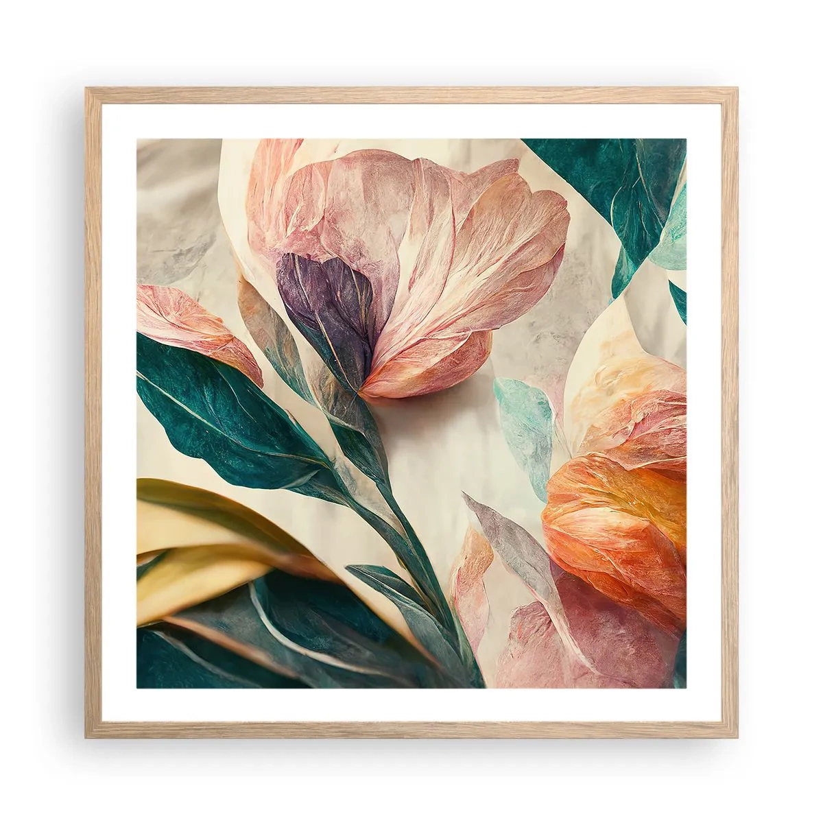 Plakat i ramme af lyst egetræ - Blomster på de sydlige øer - 60x60 cm