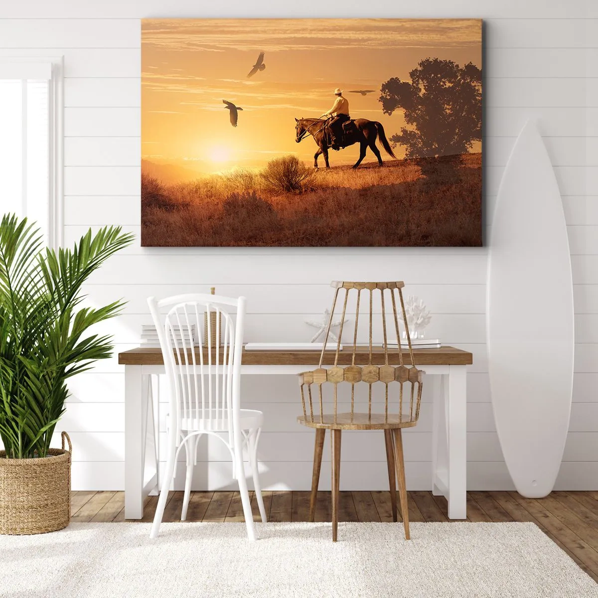 Lærredstryk - Billede på lærred - En rytter på en hest ved solnedgang mod prærien - 70x50cm - Alene på tværs af prærien - Moderne vægdekoration til stue og soveværelse ARTTOR