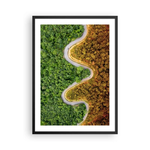 Plakat i sort ramme - En vej snor sig gennem en skov opdelt i grønne og efterårsdele - 50x70cm - Grænser og gennembrud - Moderne vægdekoration til stue og soveværelse ARTTOR