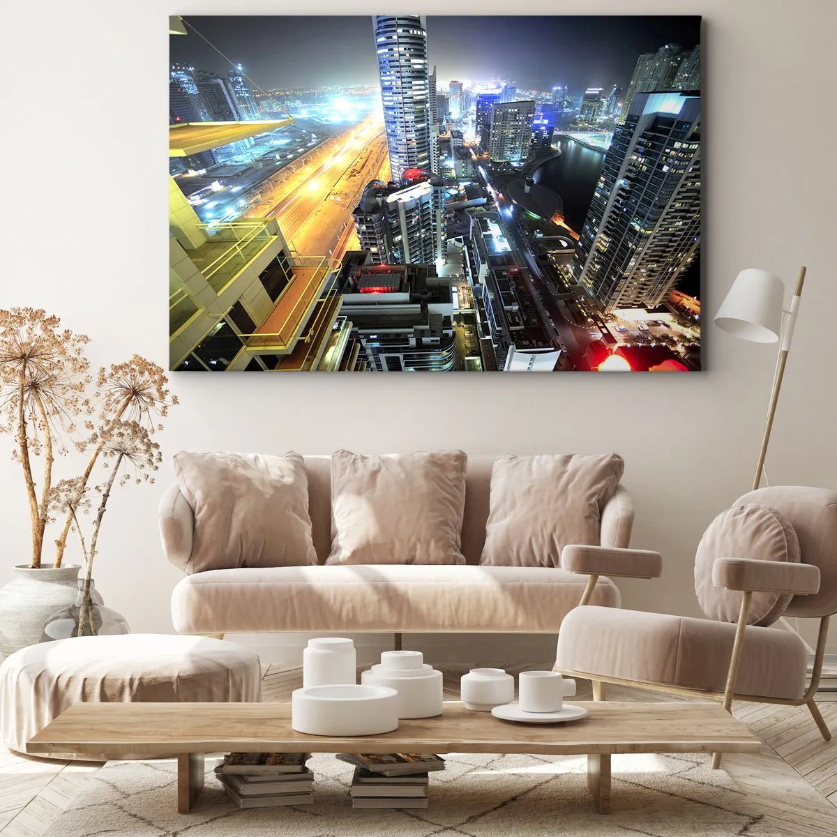 Lærredstryk - Billede på lærred - Panorama af natbyen med oplyste skyskrabere - 70x50cm - Et mirakel i ørkenen - Moderne vægdekoration til stue og soveværelse ARTTOR