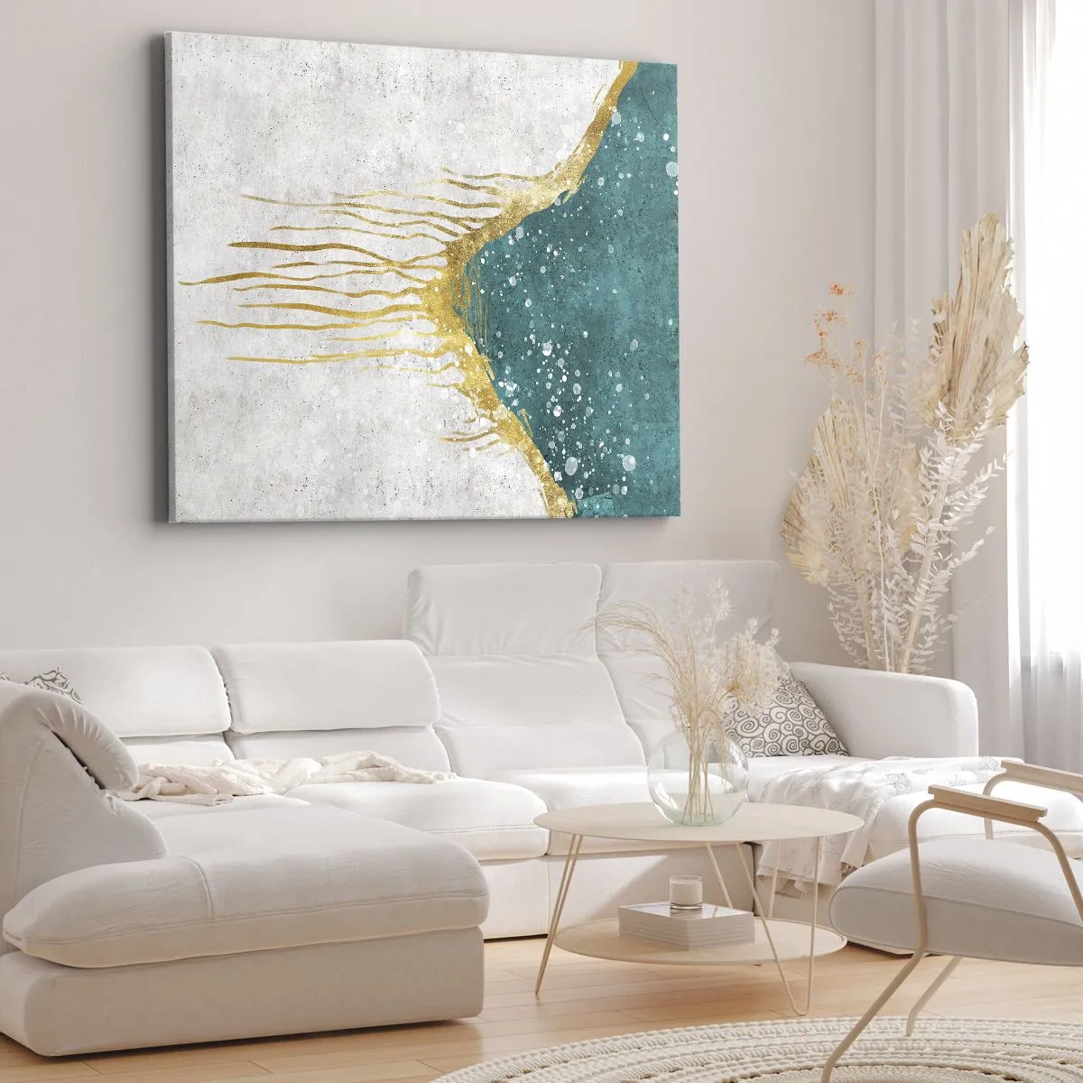 Lærredstryk - Billede på lærred - En abstrakt komposition i nuancer af guld og turkis - 70x50cm - Gyldent tidevand - Moderne vægdekoration til stue og soveværelse ARTTOR