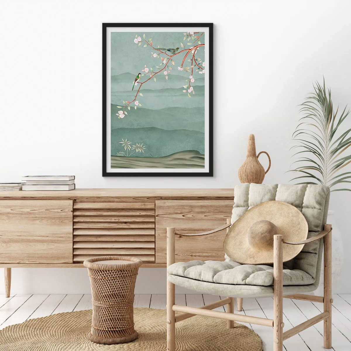 Plakat i sort ramme - Fugle på en blomstrende gren med udsigt over bakkerne - 50x70cm - Forår, ah, det er dig - Moderne vægdekoration til stue og soveværelse ARTTOR