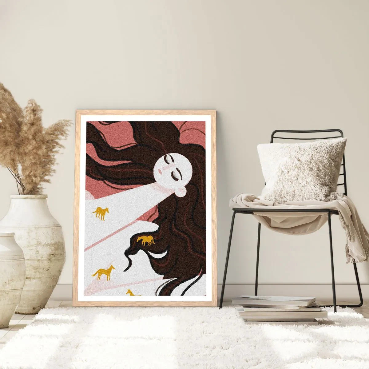 Plakat i ramme af lyst egetræ - Drøm om en gylden hest - 70x100 cm