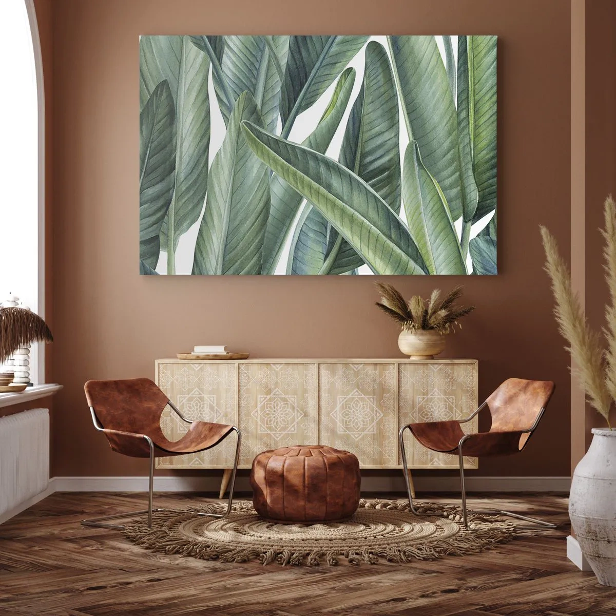 Lærredstryk - Billede på lærred - Grønne blade i en minimalistisk, botanisk stil - 70x50cm - Det grønne i sig selv - Moderne vægdekoration til stue og soveværelse ARTTOR