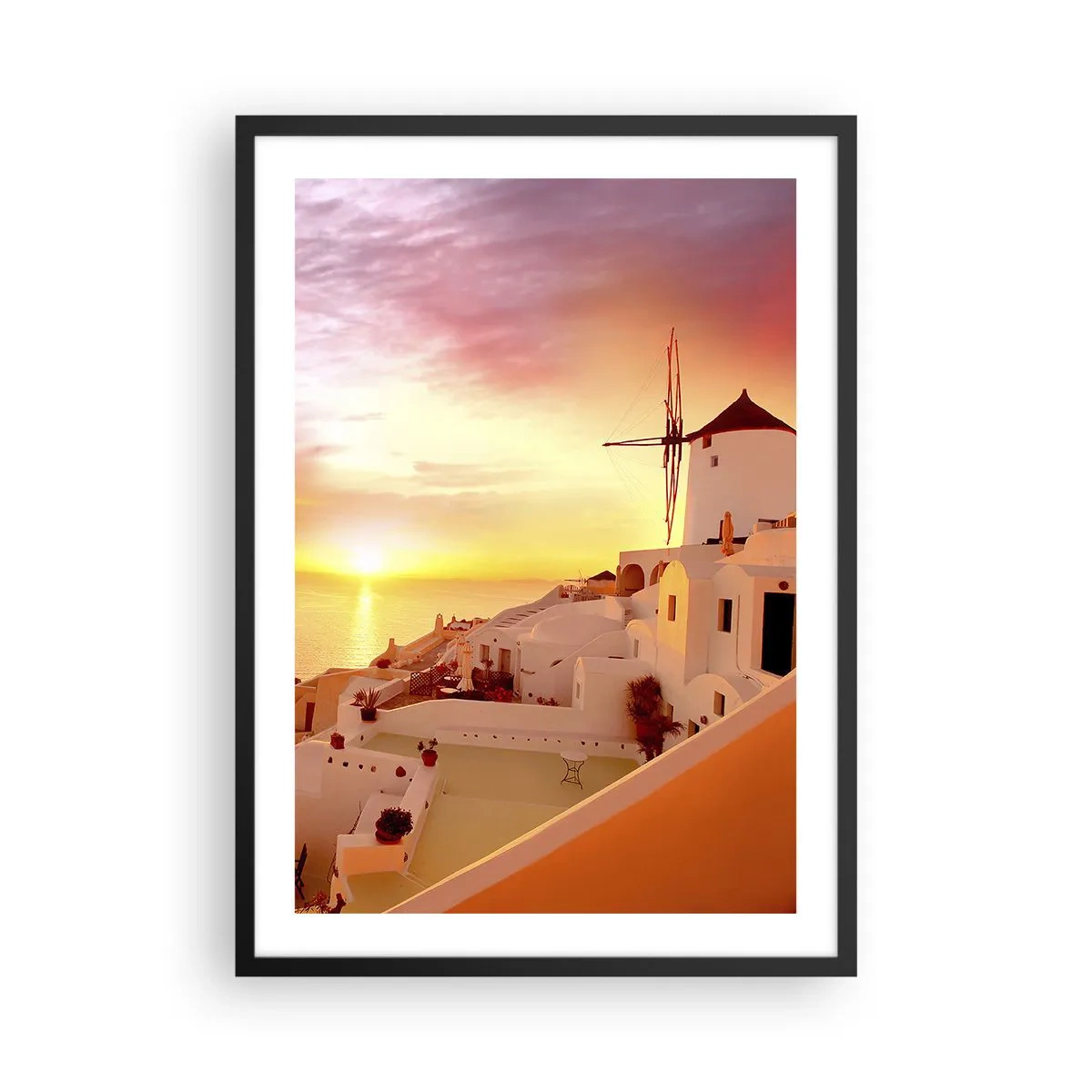 Plakat i sort ramme - En malerisk solnedgang i en græsk by - 50x70cm - Opløses i hvidt og guld - Moderne vægdekoration til stue og soveværelse ARTTOR