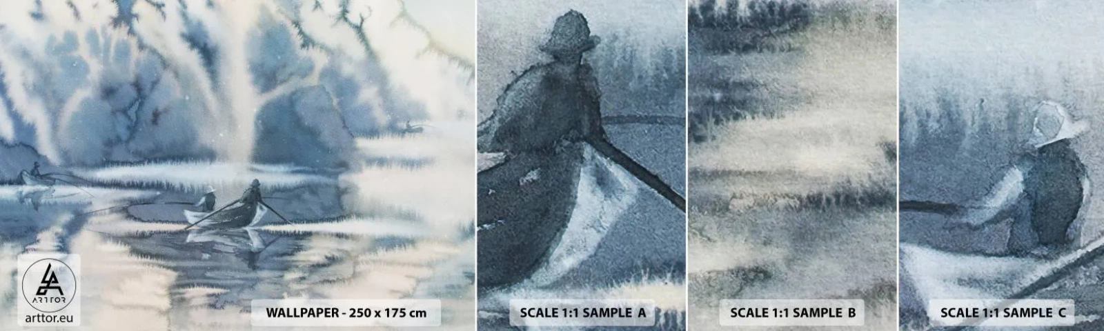 Fototapet Prøve Standard Eco - Lystfiskere i deres paradis - Abstraktion, Sø, Fiskeri - 100x30 cm