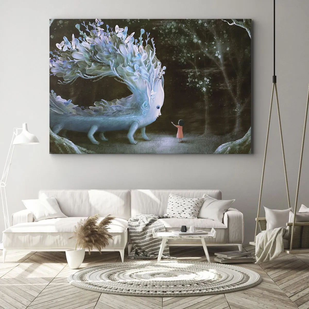 Lærredstryk - Billede på lærred - Figuren af en pige over for en fantastisk skabning - 70x50cm - Et fantastisk møde - Moderne vægdekoration til stue og soveværelse ARTTOR