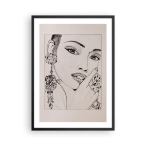 Plakat i sort ramme - Skitse af en kvinde iført glamourøse smykker - 50x70cm - Den smukkeste juvel - Moderne vægdekoration til stue og soveværelse ARTTOR