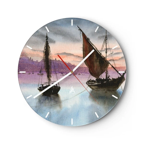 Vægur, Uret - Sejlskibe på vandet ved solnedgang - 30x30cm - Aften i havnen - Moderne vægdekoration til stue, køkken og soveværelse ARTTOR