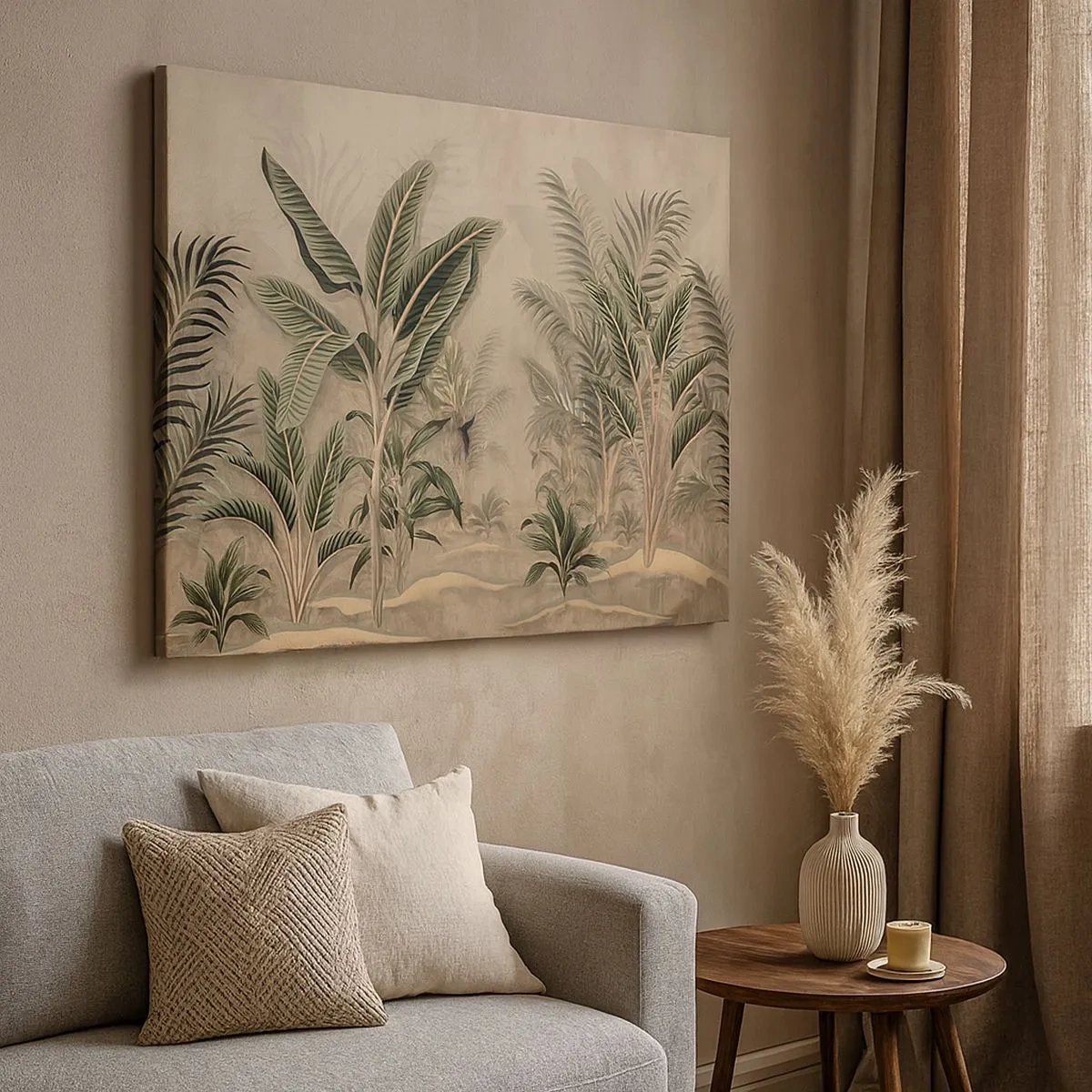 Lærredstryk - Billede på lærred - Palmer og tropisk vegetation i grønne nuancer på en beige baggrund - 70x50cm - Gravering i kolonistil - Moderne vægdekoration til stue og soveværelse ARTTOR