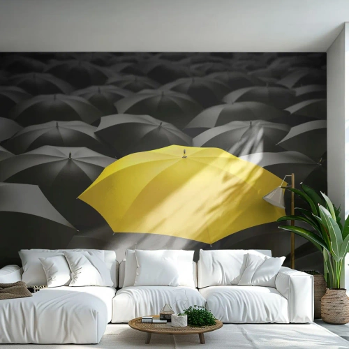 Fototapet Premium Canvas - Farvel til tristhed - Gule paraplyer, Grafik, Koncept - 250x175 cm