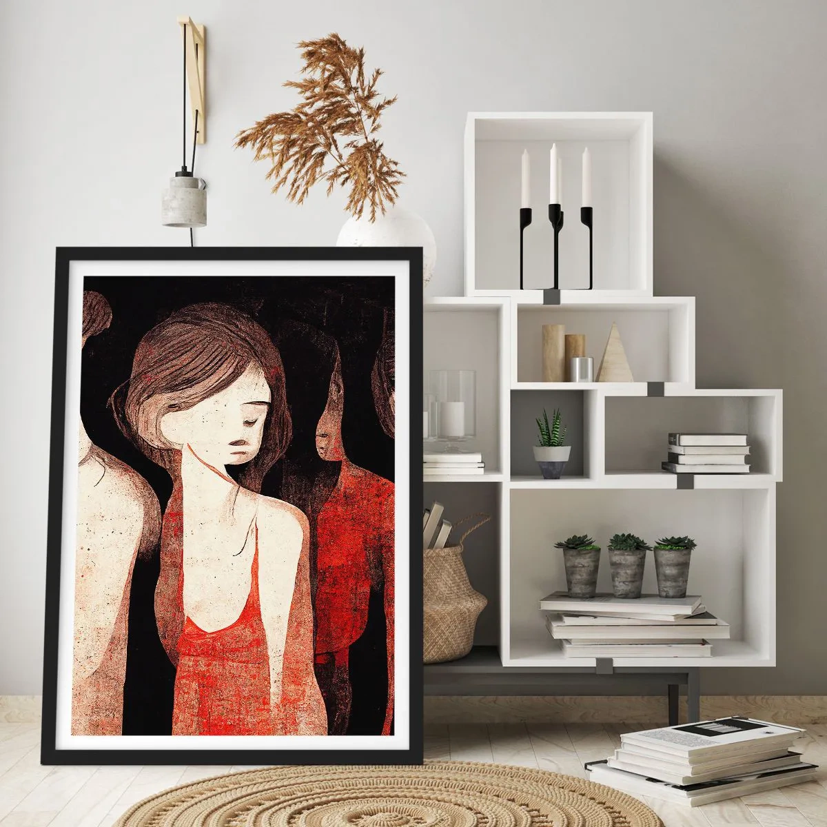 Plakat i sort ramme - Abstrakt illustration af en figur i rødt og sort - 50x70cm - Mørkets madonnaer - Moderne vægdekoration til stue og soveværelse ARTTOR