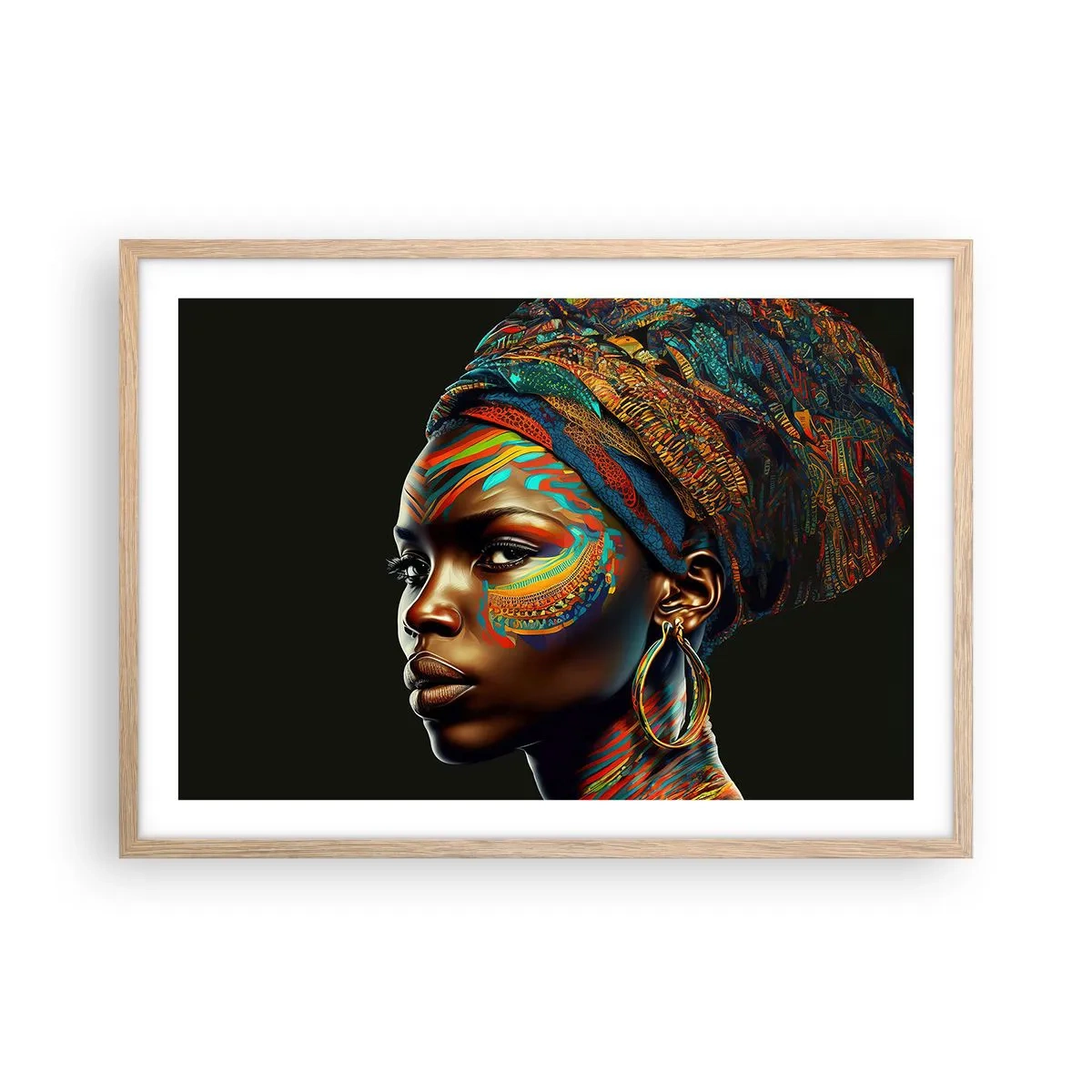 Plakat i ramme af lyst egetræ - Afrikansk dronning - 70x50 cm