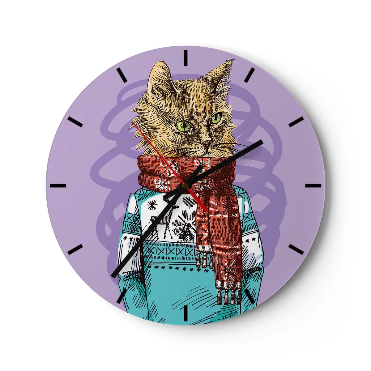 Vægur, Uret - En kat i vintertøj med tørklæde på en lilla baggrund - 30x30cm - En kat ikke kun i sko - Moderne vægdekoration til stue, køkken og soveværelse ARTTOR