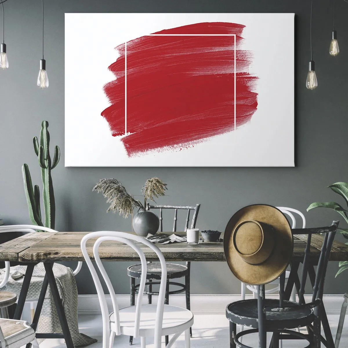 Lærredstryk - Billede på lærred - Rød penselstrøg med hvid kant - 70x50cm - Uden for rammen - Moderne vægdekoration til stue og soveværelse ARTTOR