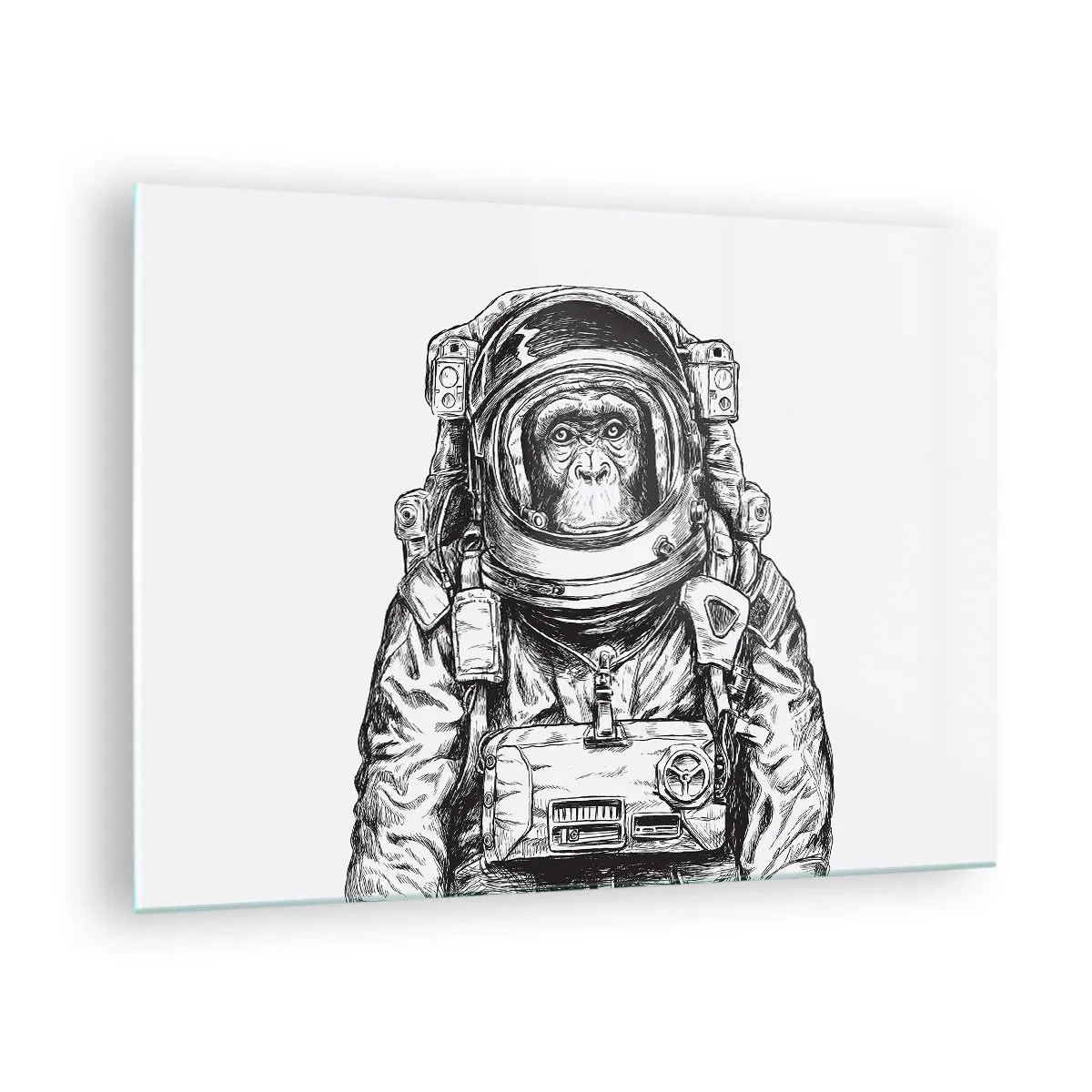 Billede på glas - Skitse af en abe i en astronautdragt på en hvid baggrund - 70x50cm - Alternativ evolution - Moderne vægdekoration til stue og soveværelse ARTTOR