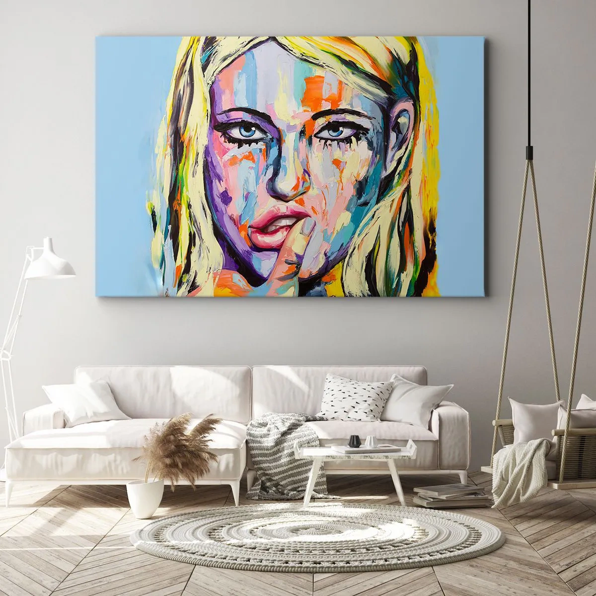 Lærredstryk - Billede på lærred - Farverigt portræt af en kvinde i abstrakt stil - 70x50cm - Se hende lige i øjnene - Moderne vægdekoration til stue og soveværelse ARTTOR