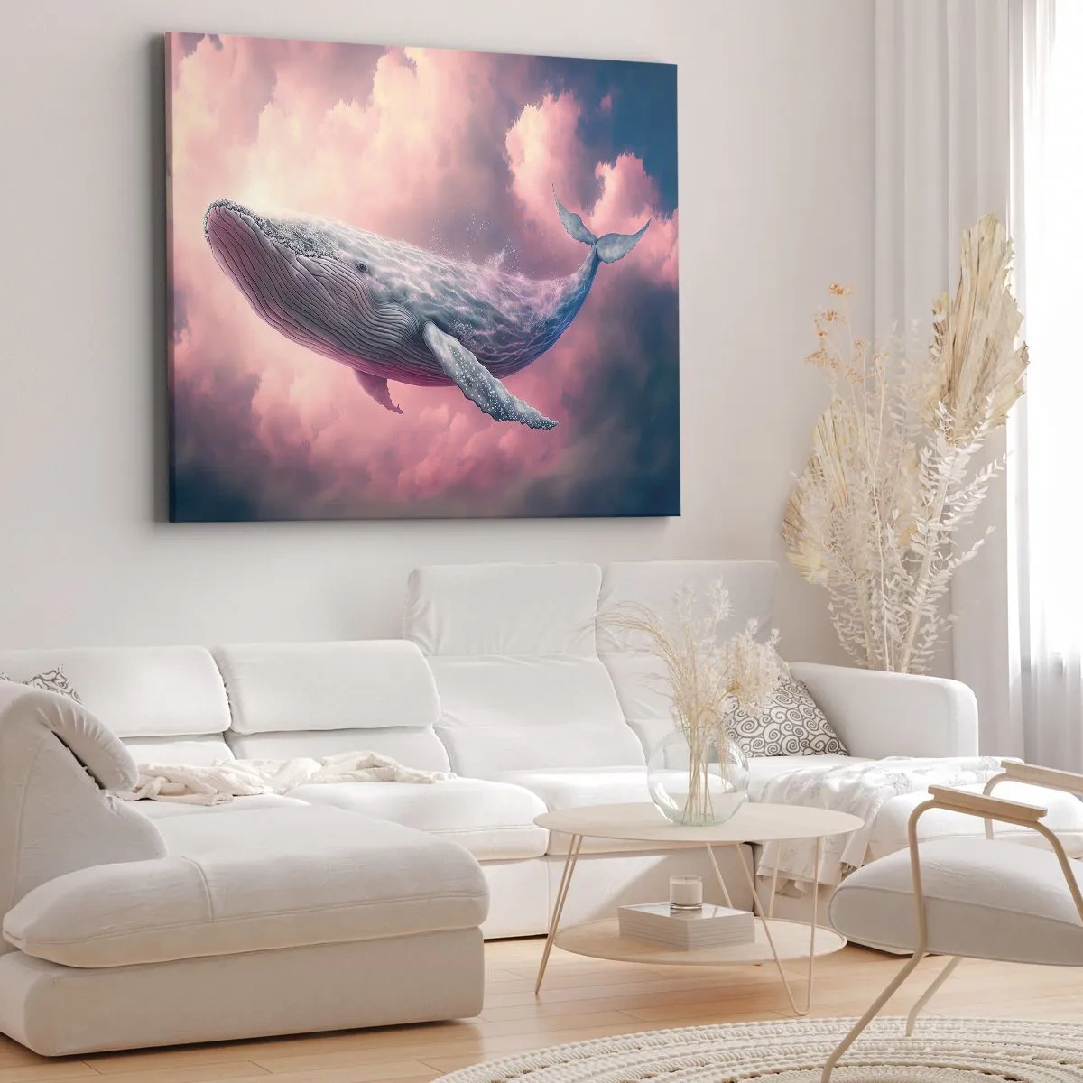 Lærredstryk - Billede på lærred - En hval, der svæver i skyerne ved solnedgang - 70x50cm - Tør dine øjne - Moderne vægdekoration til stue og soveværelse ARTTOR