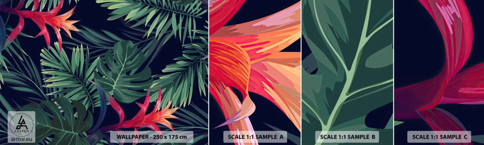 Fototapet Prøve Standard Eco - Brænd i grønt - Blomster, Tropisk plante, Palmeblade - 100x30 cm