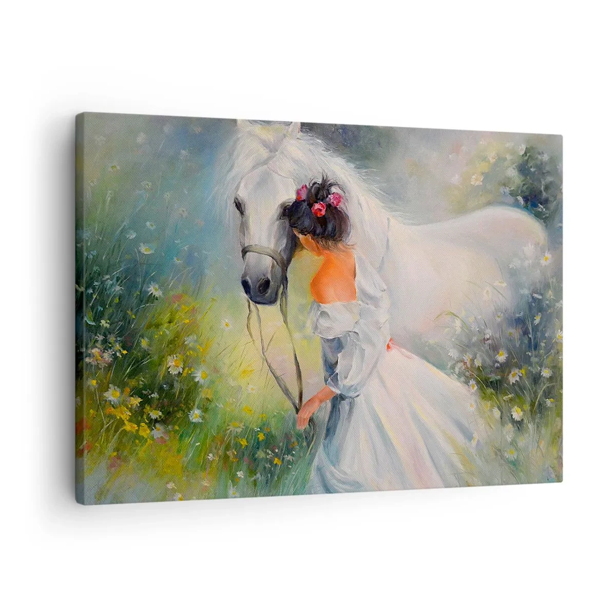 Lærredstryk - Billede på lærred - En kvinde med en hvid hest i maleriske omgivelser - 70x50cm - Som fra en smuk drøm - Moderne vægdekoration til stue og soveværelse ARTTOR