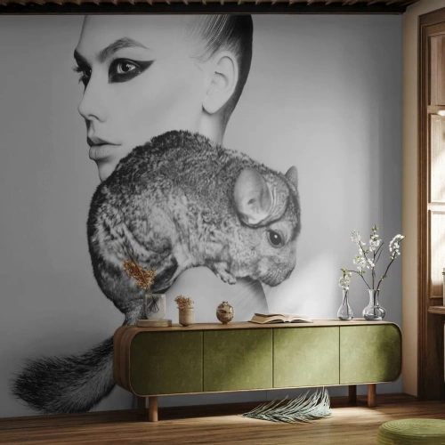 Fototapet på mål Standard Eco - Dame med en chinchilla - Kvinde, Kvinde med chinchilla, Model
