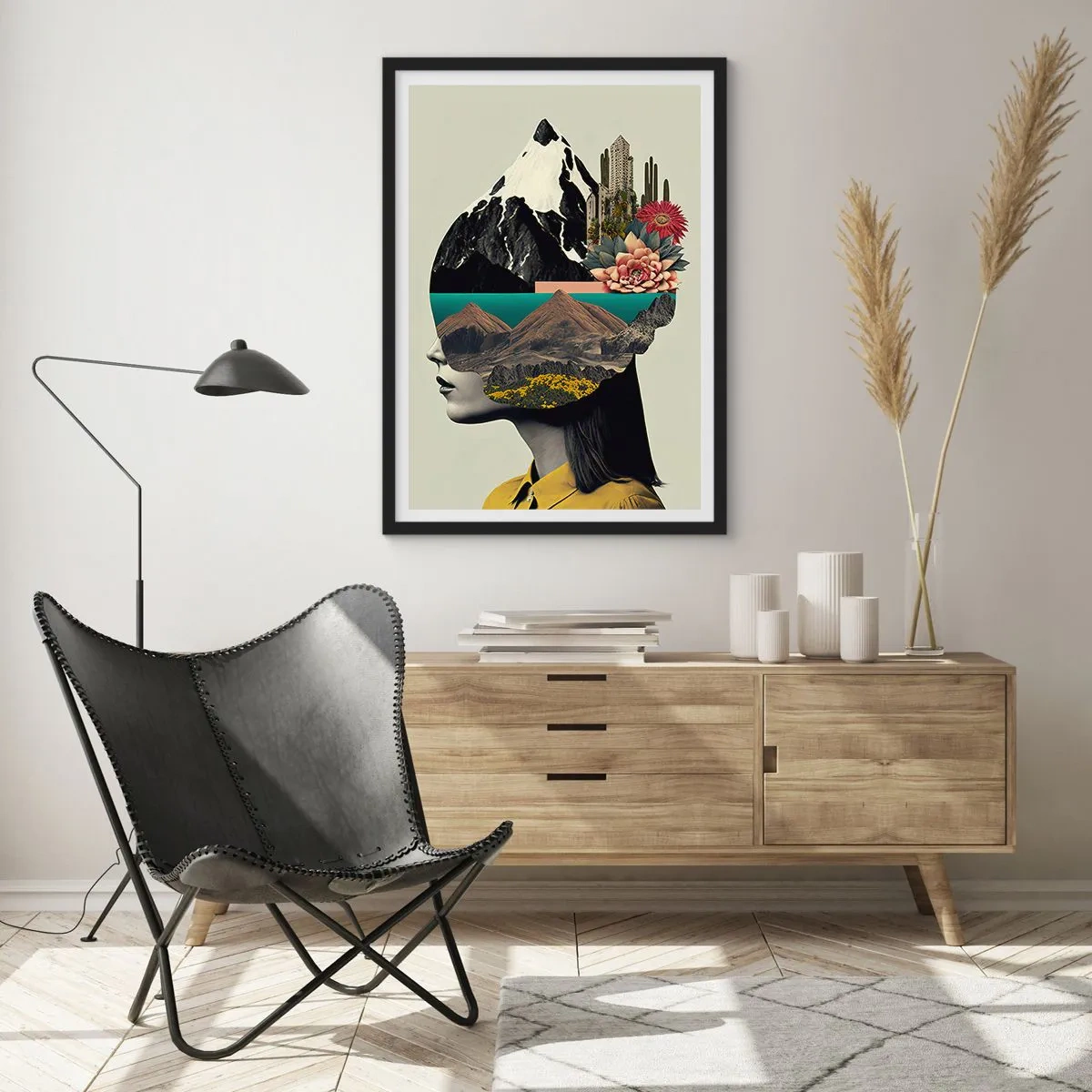 Plakat i sort ramme - En kvinde med et surrealistisk landskab i hovedet - 50x70cm - Kvinden - altid et mysterium - Moderne vægdekoration til stue og soveværelse ARTTOR