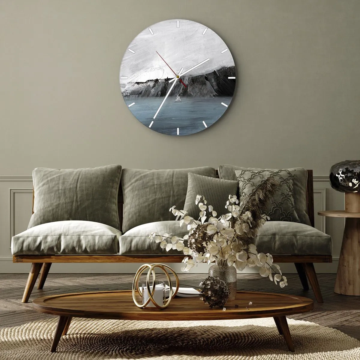 Vægur, Uret - Et kunstnerisk sammenstød af hvid, sort og blå i form af et landskab. - 30x30cm - Vand - jord: et sammenstød mellem elementerne - Moderne vægdekoration til stue, køkken og soveværelse ARTTOR