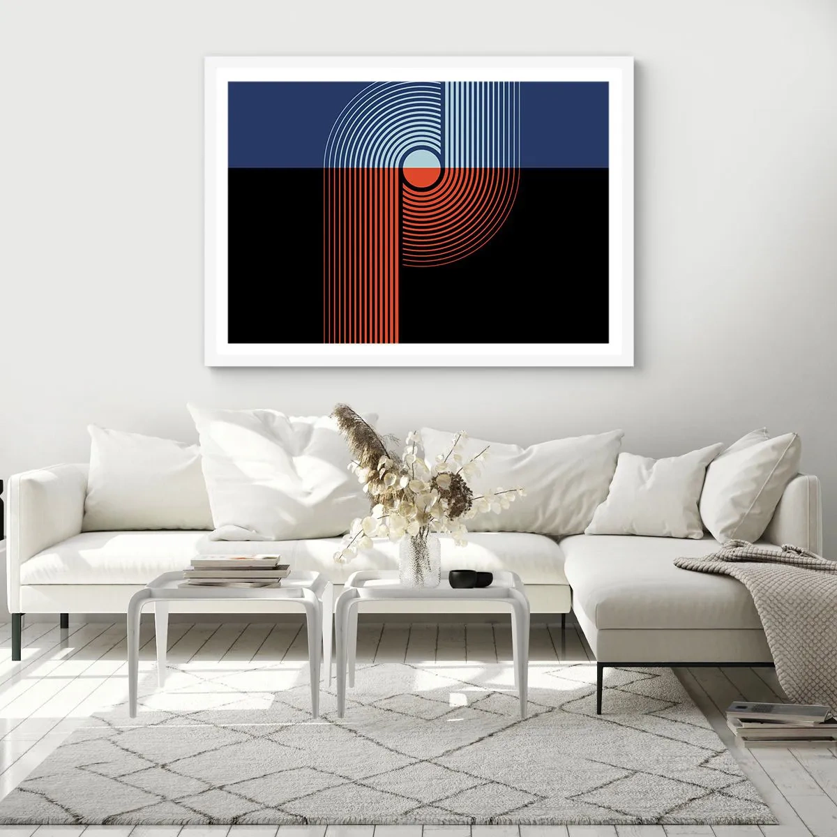 Plakat i hvid ramme - I en geometrisk omfavnelse - 91x61 cm