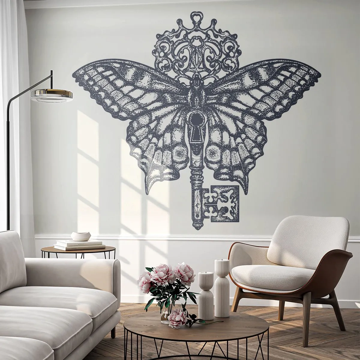 Fototapet Selvklæbende Deluxe Sticker - Alle hjertets hemmeligheder - Abstraktion, Sommerfugl, Nøgle - 500x350 cm