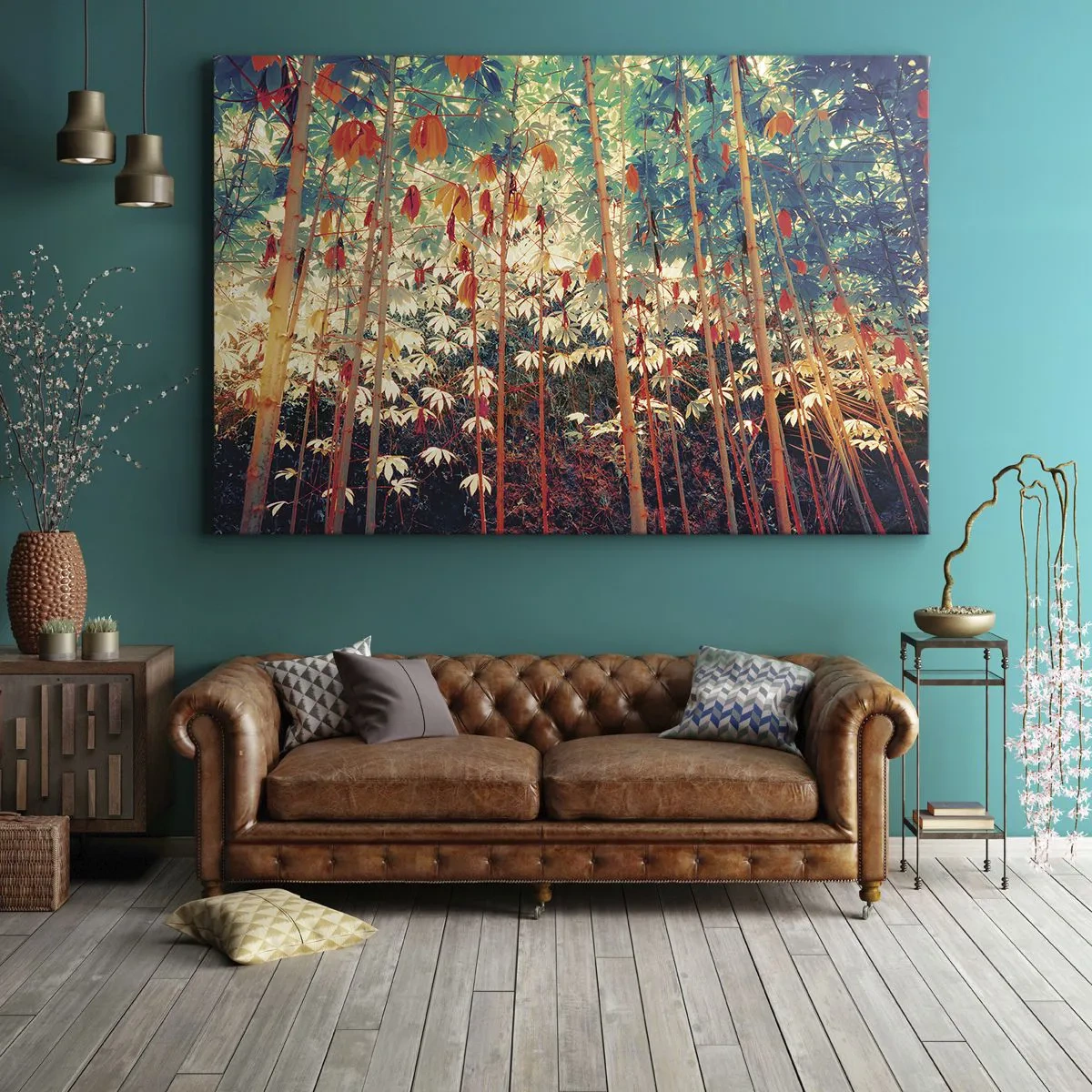 Lærredstryk - Billede på lærred - En farverig bambusskov med intense farver - 70x50cm - Bladenes hemmelige liv - Moderne vægdekoration til stue og soveværelse ARTTOR
