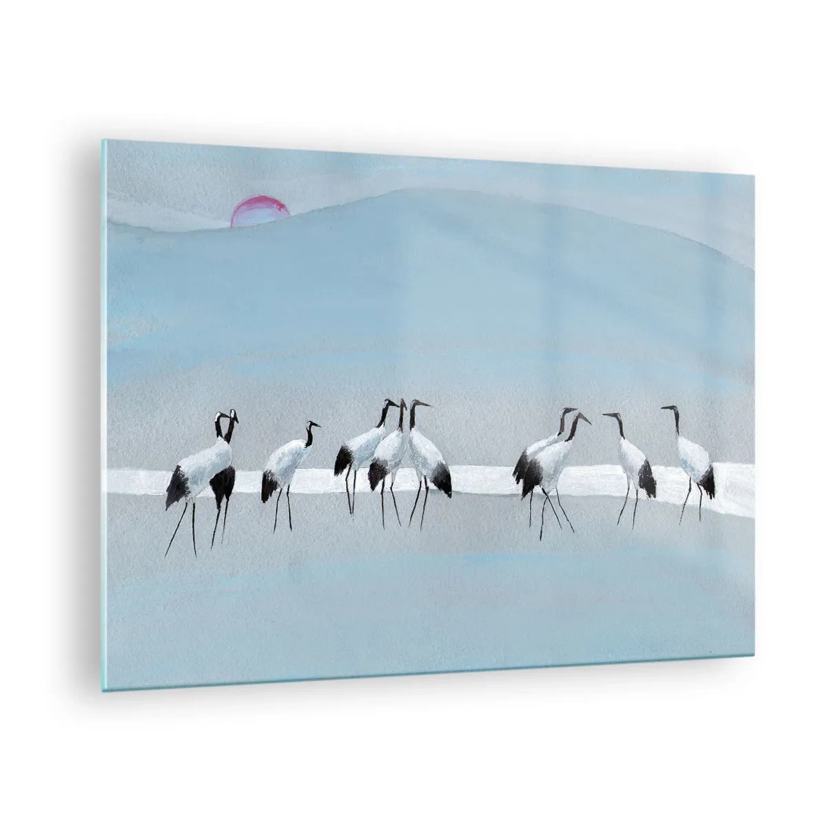 Billede på glas - En gruppe traner mod baggrunden af blå bjerge og en solnedgang - 70x50cm - Efter en varm dag - Moderne vægdekoration til stue og soveværelse ARTTOR