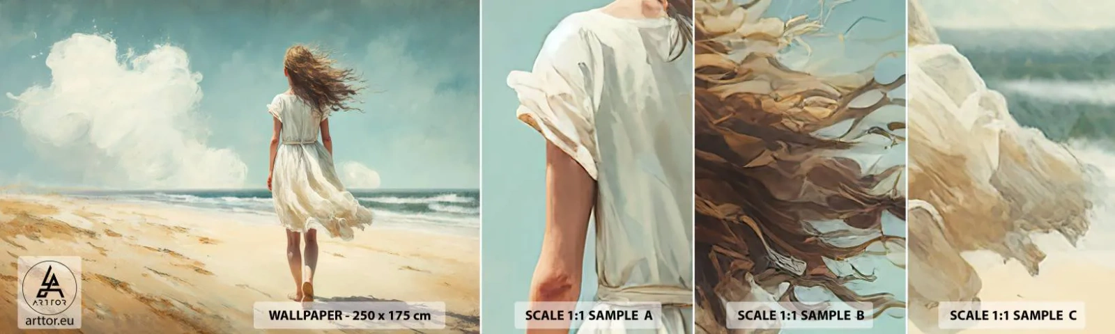 Prøve Fototapet Selvklæbende Deluxe Sticker - At møde solen og vinden - Pige, Strand, Gå - 100x30 cm