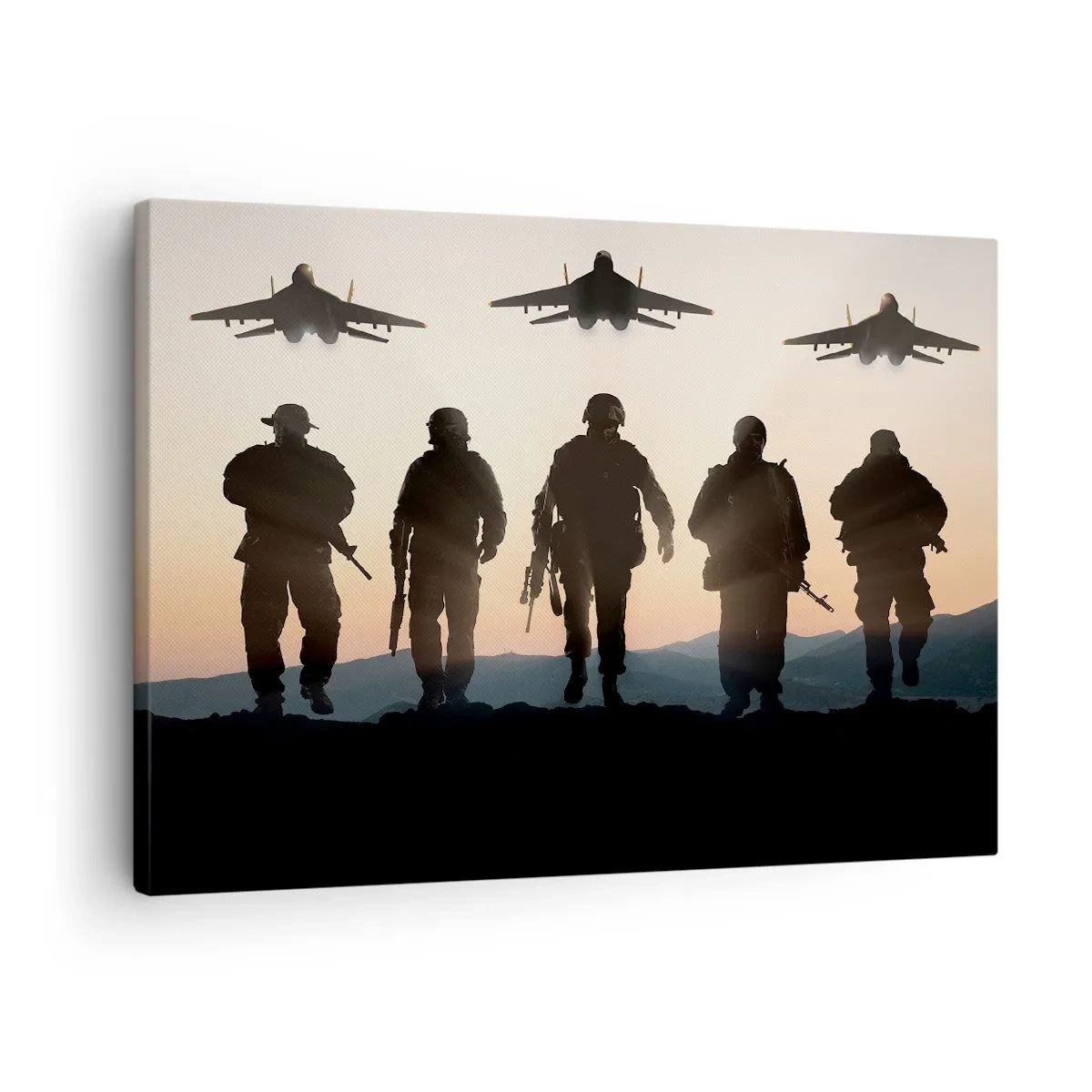 Lærredstryk - Billede på lærred - Silhuetter af soldater og jagerfly mod solnedgangsbaggrunden - 70x50cm - Velkommen til vores verden - Moderne vægdekoration til stue og soveværelse ARTTOR