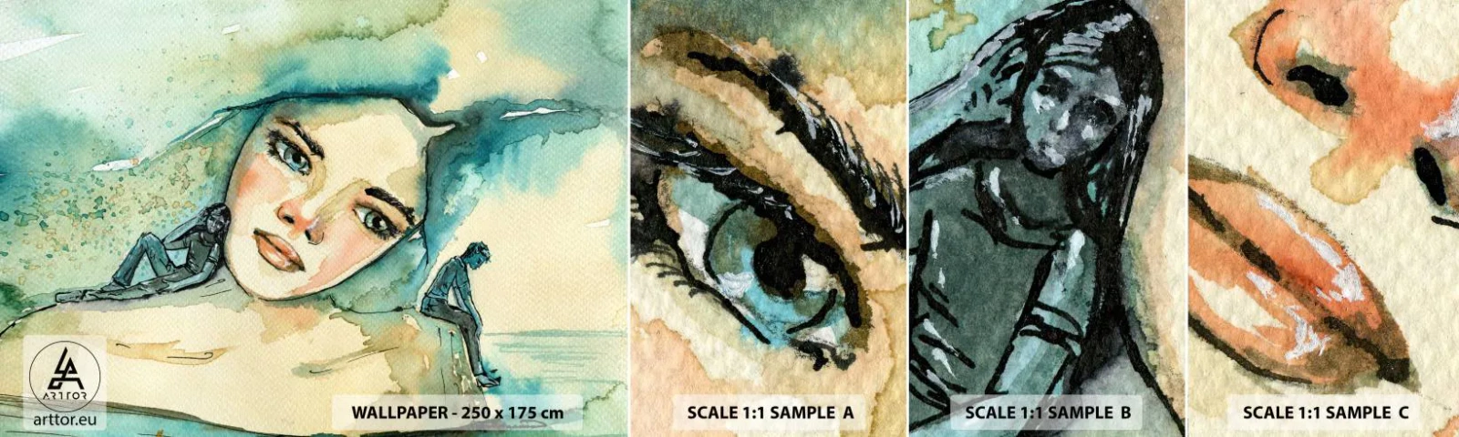 Prøve Fototapet Selvklæbende Deluxe Sticker - Am I blue? - Abstraktion, Kvindens ansigt, Maleri - 100x30 cm