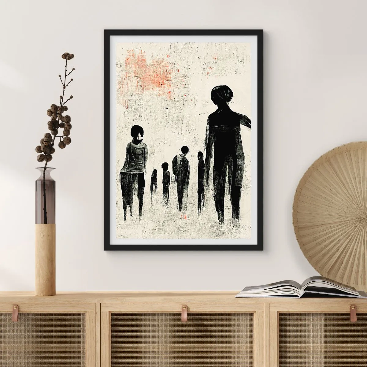 Plakat i sort ramme - Abstrakt illustration af en figur i monokromatiske farver - 50x70cm - Mod ensomhed - Moderne vægdekoration til stue og soveværelse ARTTOR