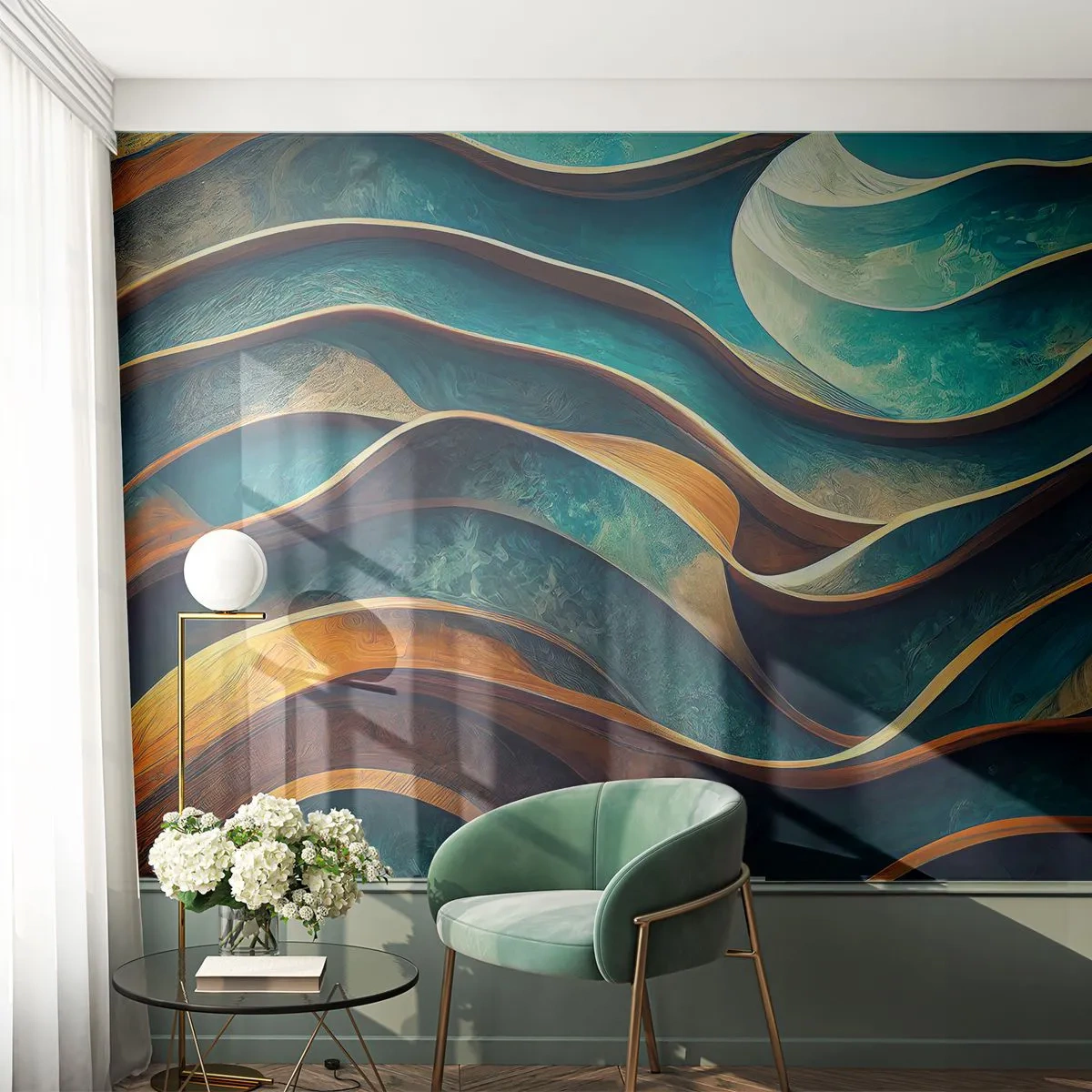 Fototapet Premium Canvas - Slyngninger af blåt - Bølger, Abstraktion, Tredimensionel - 300x210 cm