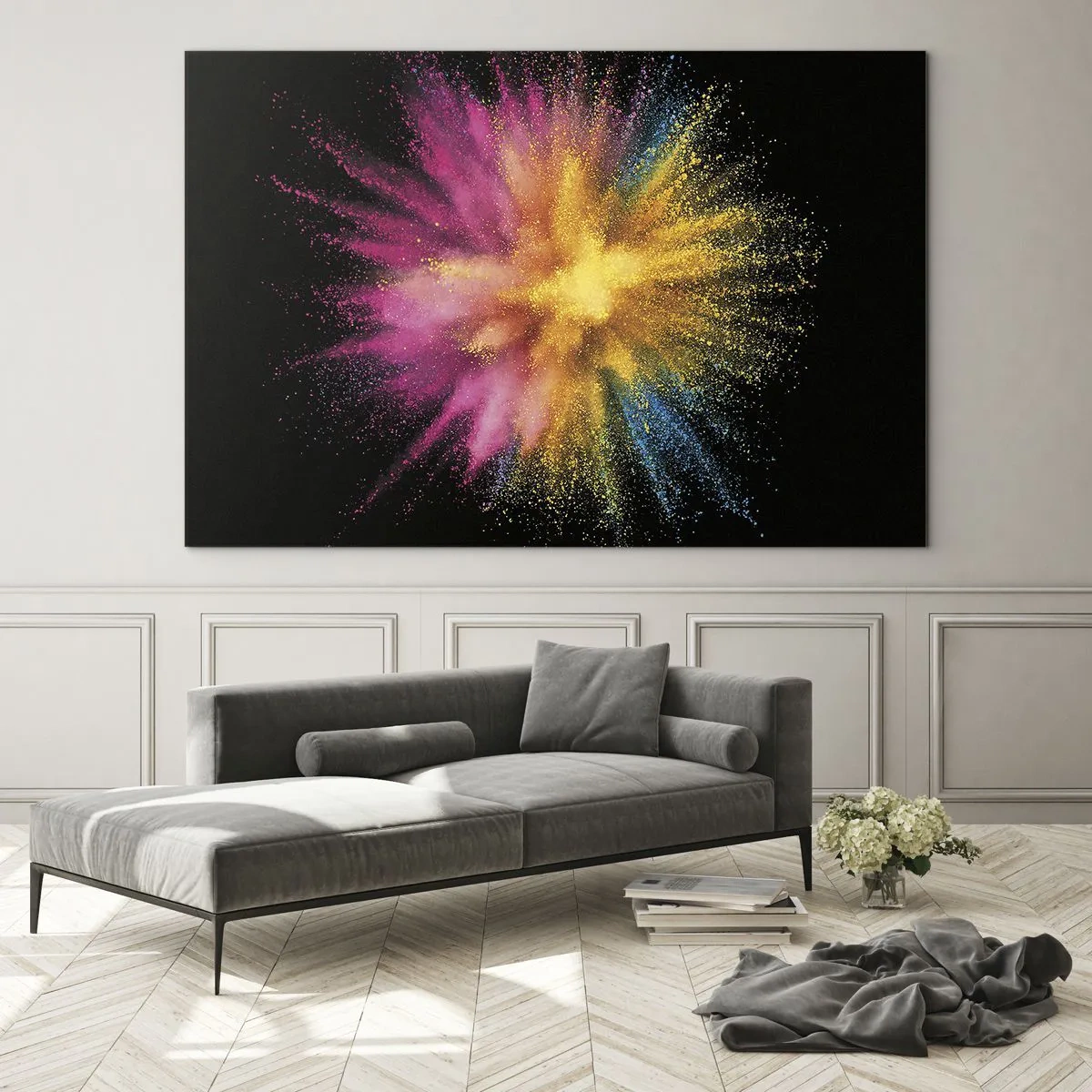 Billede på glas - Farverig pulvereksplosion på en sort baggrund - 70x50cm - Farvernes fødsel - Moderne vægdekoration til stue og soveværelse ARTTOR