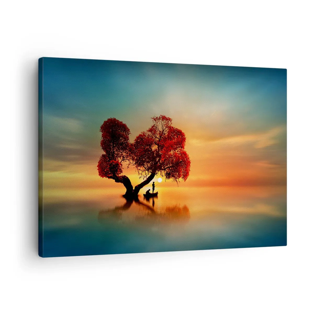 Lærredstryk - Billede på lærred - Et rødbladet træ og en båd på vandet ved solnedgang - 70x50cm - Fjern og tavs verdensløshed - Moderne vægdekoration til stue og soveværelse ARTTOR