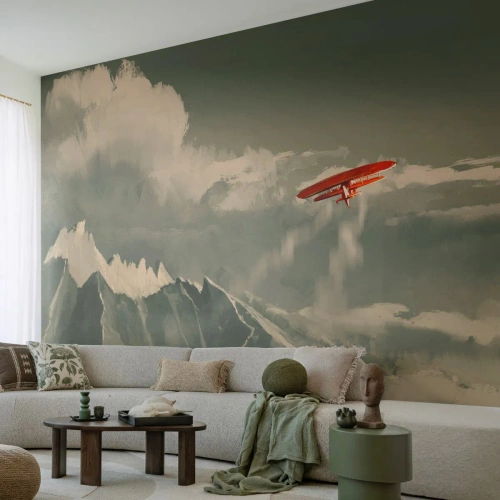 Fototapet Standard Eco - Et rødt fly, der flyver over snedækkede bjerge - 100x70cm - Frygtløs pioner - Moderne vægdekoration til stue og soveværelse ARTTOR