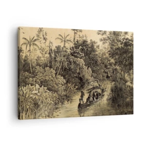 Lærredstryk - Billede på lærred - Tegning af en jungle med en båd på en flod - 70x50cm - Rejsen til kilden - Moderne vægdekoration til stue og soveværelse ARTTOR