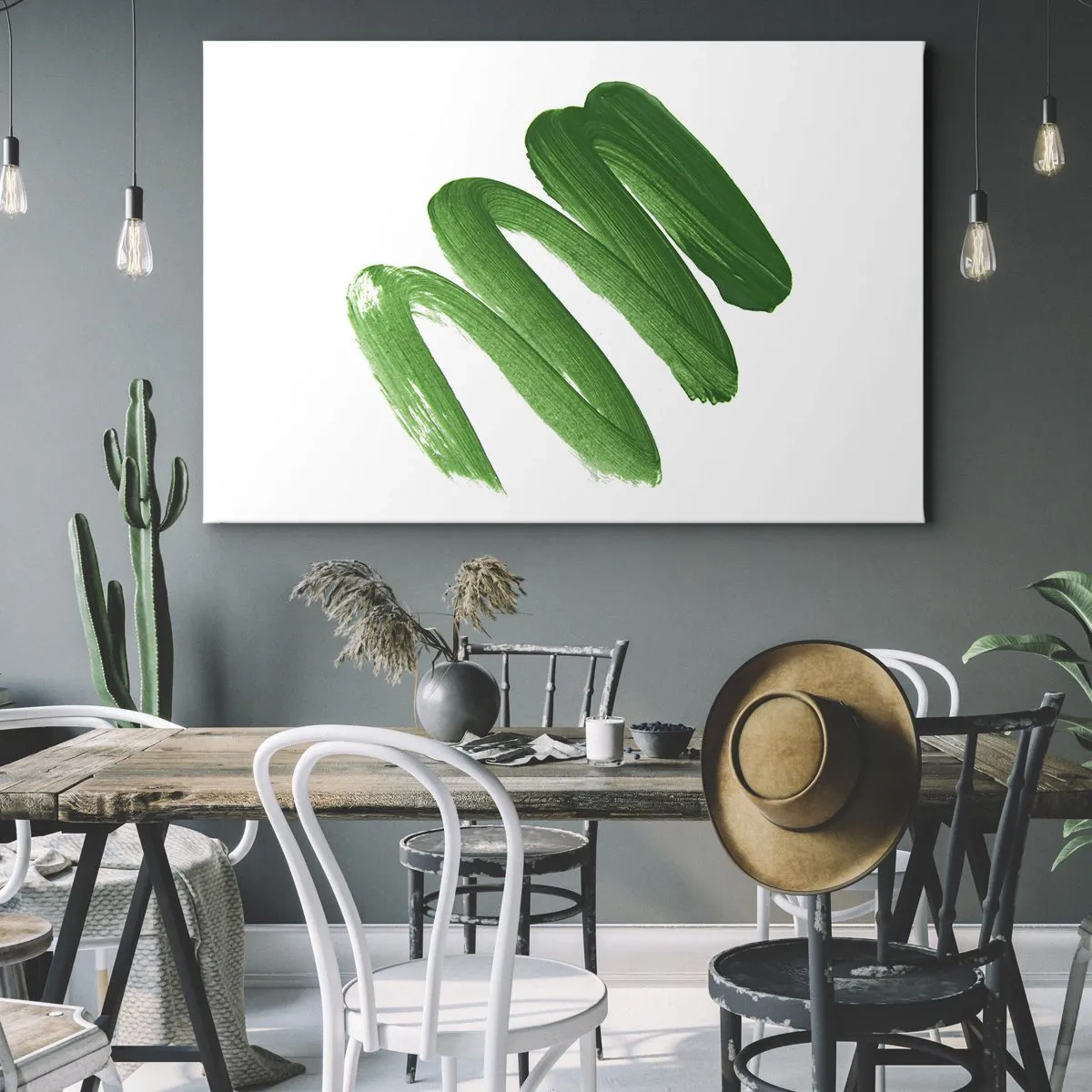 Lærredstryk - Billede på lærred - Grøn abstrakt penselstrøg på hvid baggrund - 70x50cm - En grøn vittighed - Moderne vægdekoration til stue og soveværelse ARTTOR