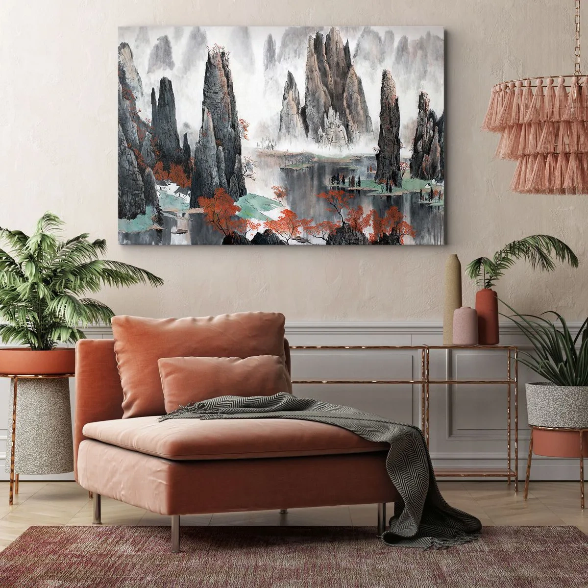 Lærredstryk - Billede på lærred - Maleriske klipper og træer i det tågede kinesiske landskab - 70x50cm - Stærke beskyttere - Moderne vægdekoration til stue og soveværelse ARTTOR